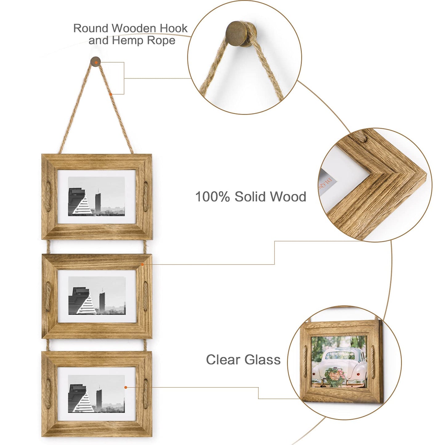 DLQuarts 5x7 Hanging Picture Frames Collage Wall Decor, 3-Frame Set, 3.5x5 with Mat or 5x7 Without Mat, Rustic Solid Wood Photo Frame Pack of 2 Carbonized Black