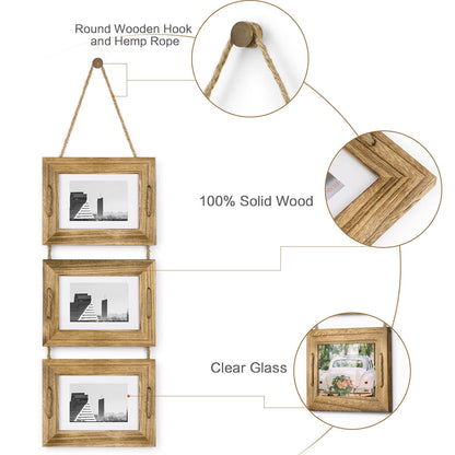 DLQuarts 5x7 Hanging Picture Frames Collage Wall Decor, 3-Frame Set, 3.5x5 with Mat or 5x7 Without Mat, Rustic Solid Wood Photo Frame Pack of 2 Carbonized Black
