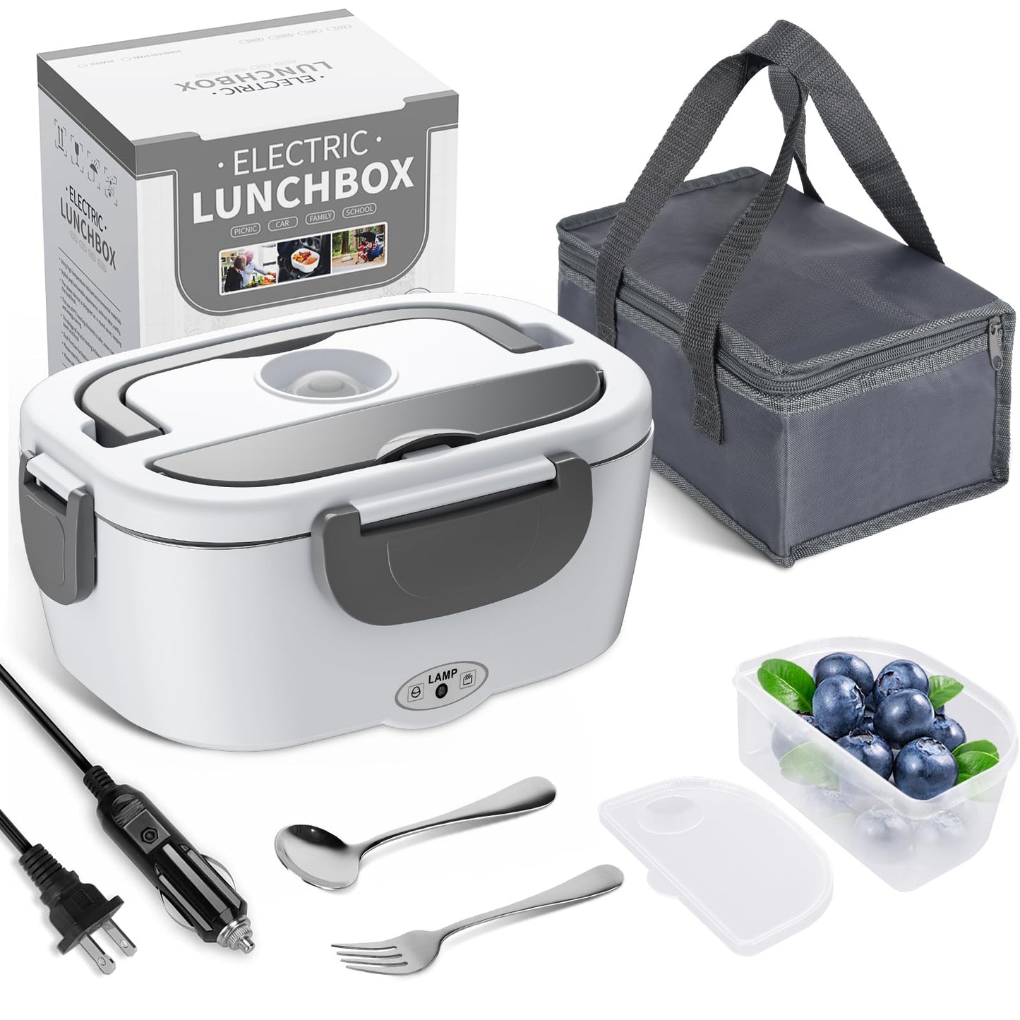 Electric Lunch Box Food Heater, 3 in 1 Ultra Quick Heated Lunch Boxes for Adults, 12V/24V/110V Portable Food Warmer for Car/Truck/Office With Fork Spoon and Insulated Carry Bag
