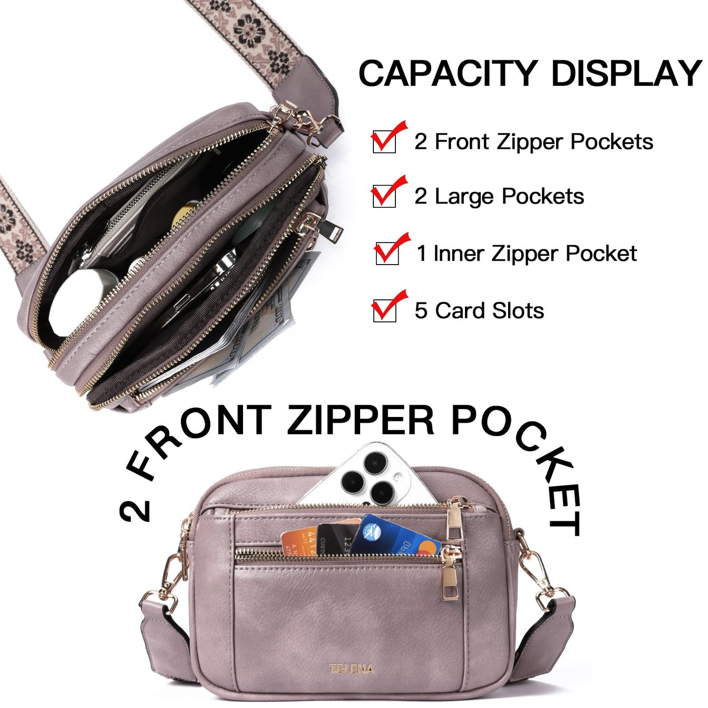 Telena Small Crossbody Bags For Women Vegan Leather Crossbody Purse With Adjustable Wide Strap For Daily Life
