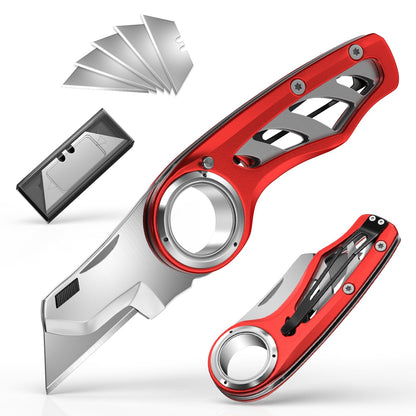 Folding Utility Knife Pocket Knife, Heavy-Duty Box Cutter with Anti Slip Finger Loop, Quick Change Blade Razor Knife, Box Cutters for Home, Office, Warehouse, Durable Razor Knife, Box Knife (Red)