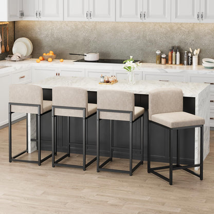 IDEALHOUSE Modern Bar Stools Set of 4, PU Leather Counter Height Barstools with Back, Upholstered Bar Chairs for Kitchen Island & Home Bar, Metal Frame, Beige