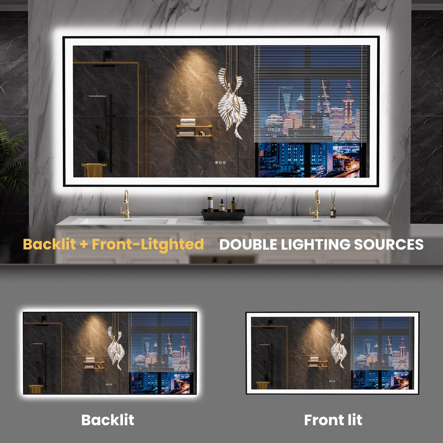 LOAAO 84"X40" LED Bathroom Mirror Black Framed, Anti-Fog, Dimmable, Lighted Bathroom Vanity Mirror for Wall, Memory Function, Tempered Glass