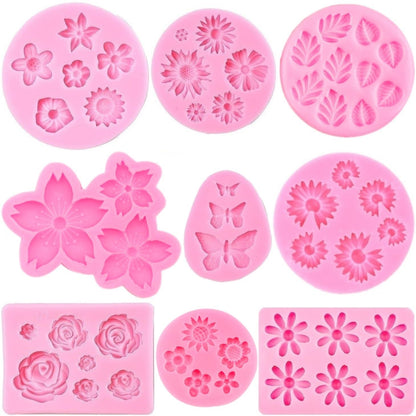 Flower Silicone Molds,9pcs Rose Leaf Daisy Sunflower Chrysanthemum Small Flowers Fondant Molds Polymer Clay Mould Candy Chocolate Molds for Cupcake Cake Pop Puck Decoration DIY Crafts