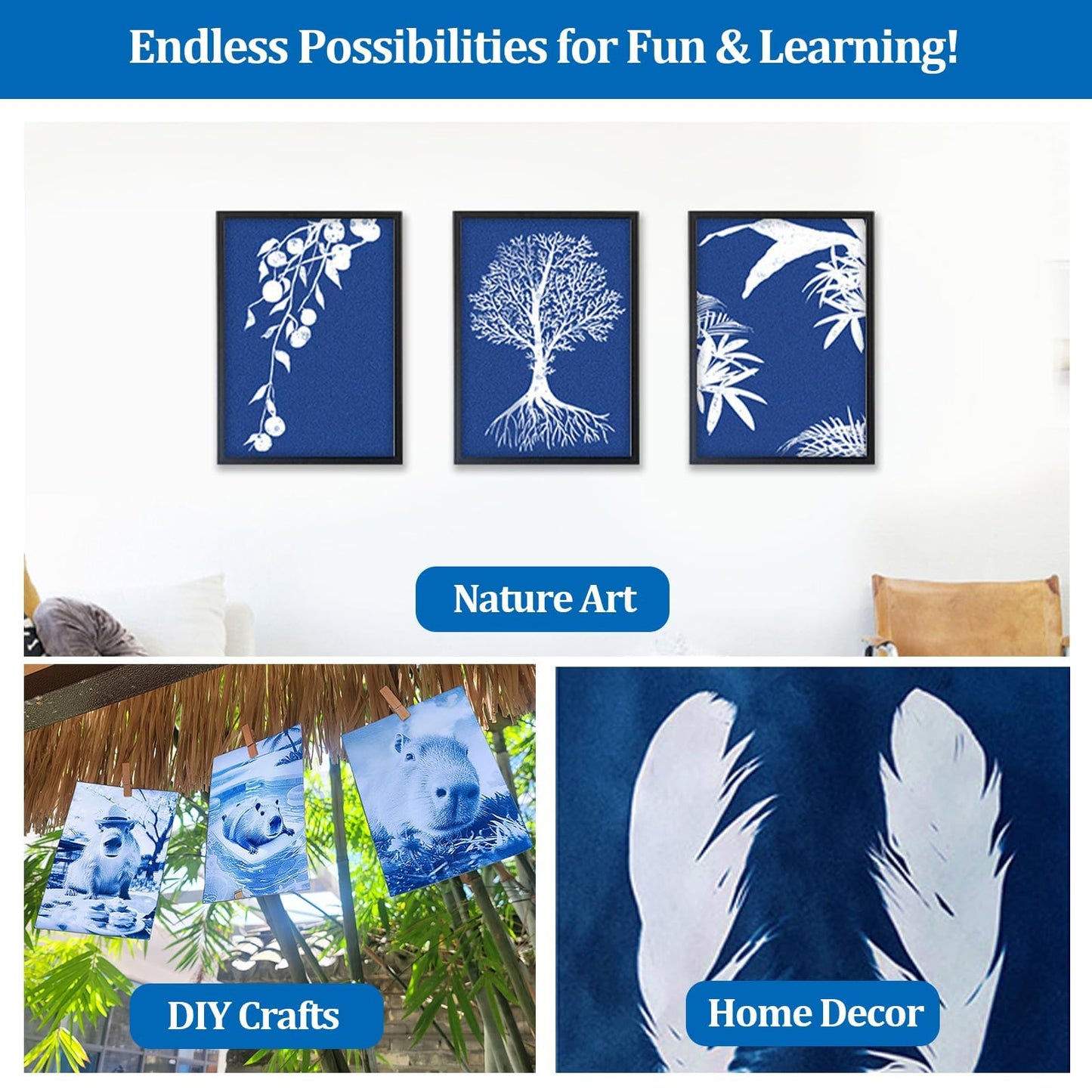 Sun Print Paper Kit Cyanotype Paper Blueprint Papers for Arts Crafts DIY Project High Sensitive Papers Fun Solar Craft Activities (50 Sheets & 1 PVC Cover)