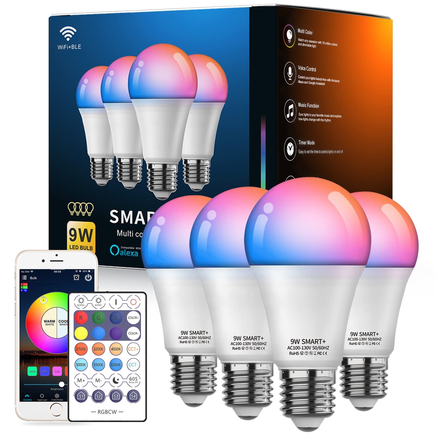 Smart Light Bulbs 4Pack with Remote, A19 E26 800LM LED Color Changing Light Bulb, WiFi & Bluetooth 5.0, Warm to Cool White, Dimmable, RGB Smart Home Lighting Work with Alexa Google Assistant