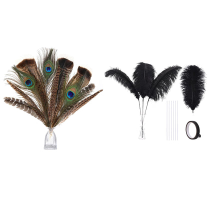 Ballinger 8-12inch 4 Styles 24Pcs Assorted Pheasant Feathers and 12Pcs 24-26inch Black Ostrich Feaathers for Crafting Vase Hat Wedding Autumn Party Decor
