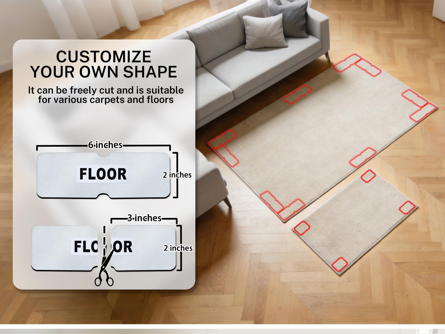 Rug Non Slip Grippers, Reusable Rug Tape, No Damaging for Hardwood Floors, Carpet Grippers Stickers Pads for Area Rugs Corners Flat, 12Pcs