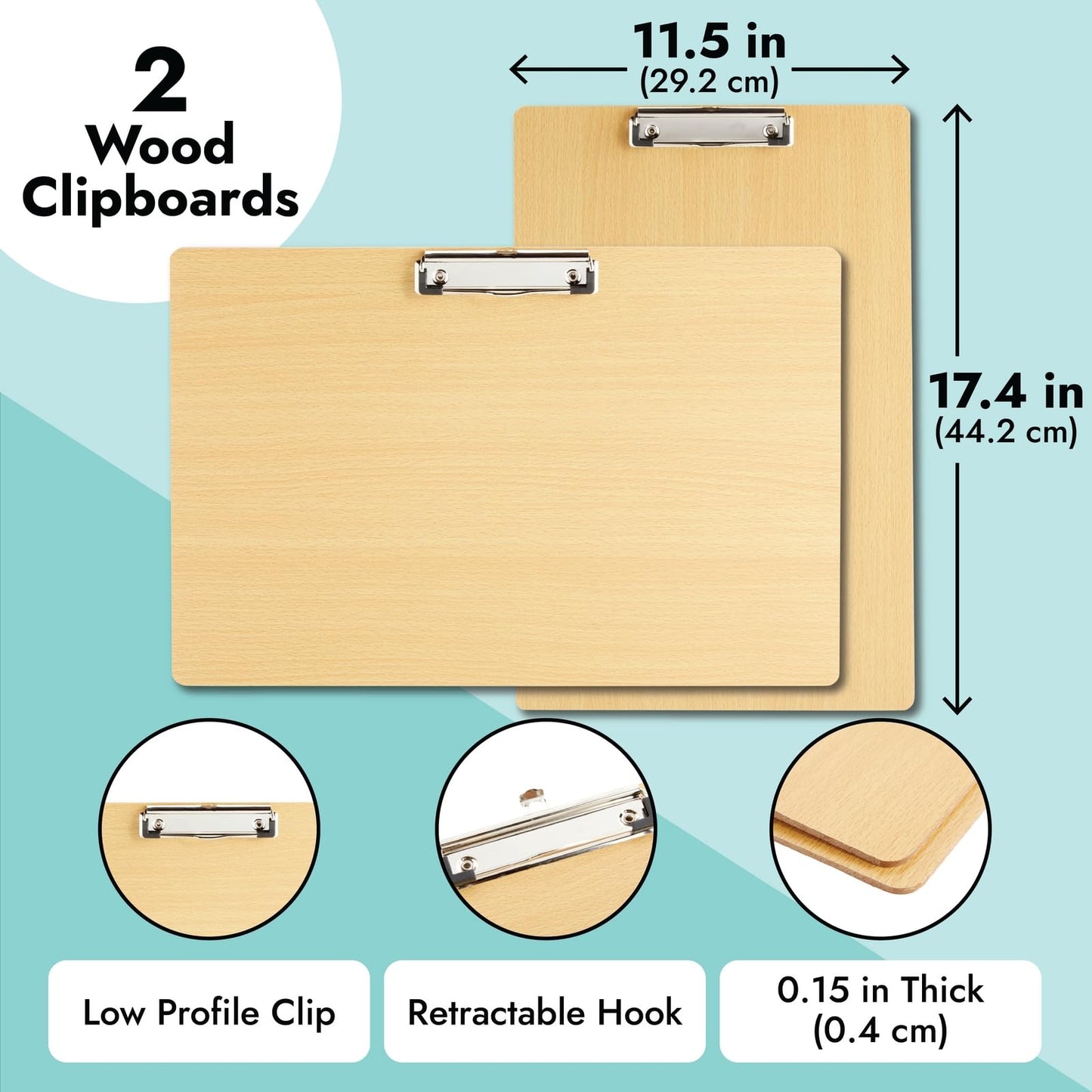 Paper Junkie Extra-Large Legal-Size Wooden Clipboard - Clipboard, Retractable Hook - Surface for Drawing Wooden Board - Multi-Orientation Legal Paper Support - 2-Pack,11.5 x 17.4 in