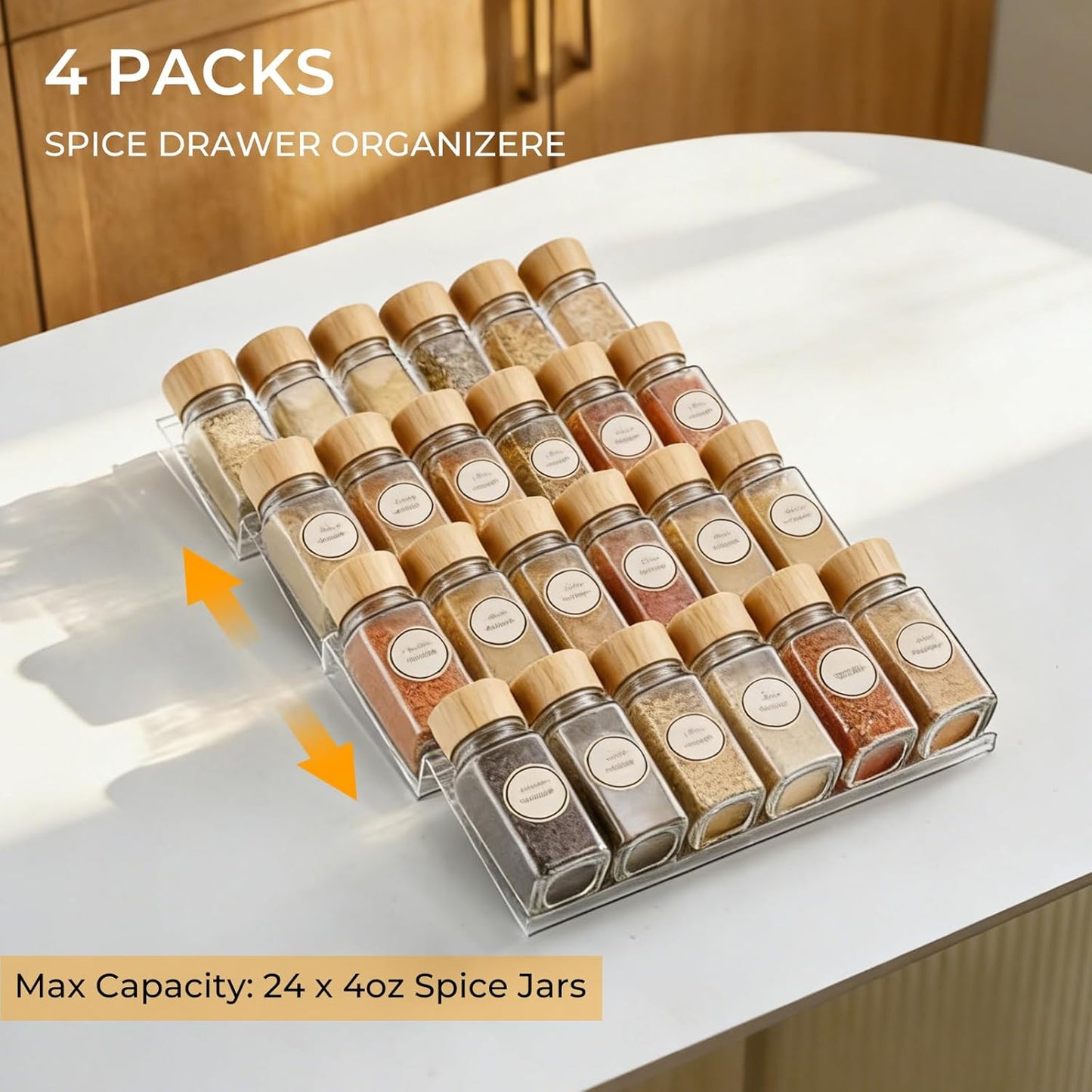 4 Tier(4 Packs), 11" 22" Acrylic Spice Drawer Organizer Expandable from to Seasoning Organizer Tray for Kitchen - Clear