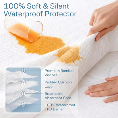 100% Waterproof Twin Mattress Protector - Noiseless & Cooling Bamboo Viscose - Ultimate Spill & Stain Defense (White)
