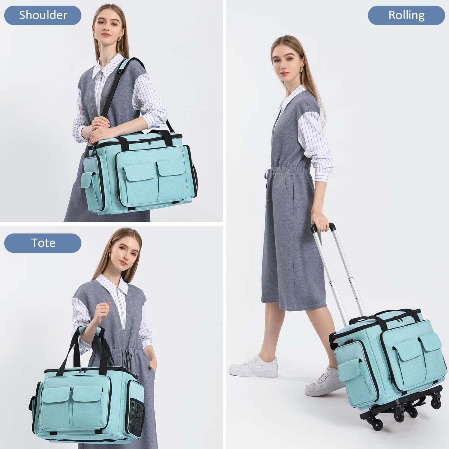 SLINRKE Sewing Machine Case with Wheels - Rolling Sewing Machine Tote with Removable Bottom Pad & Multiple Storage Pockets, Compatible with Singer & Brother (Teal)