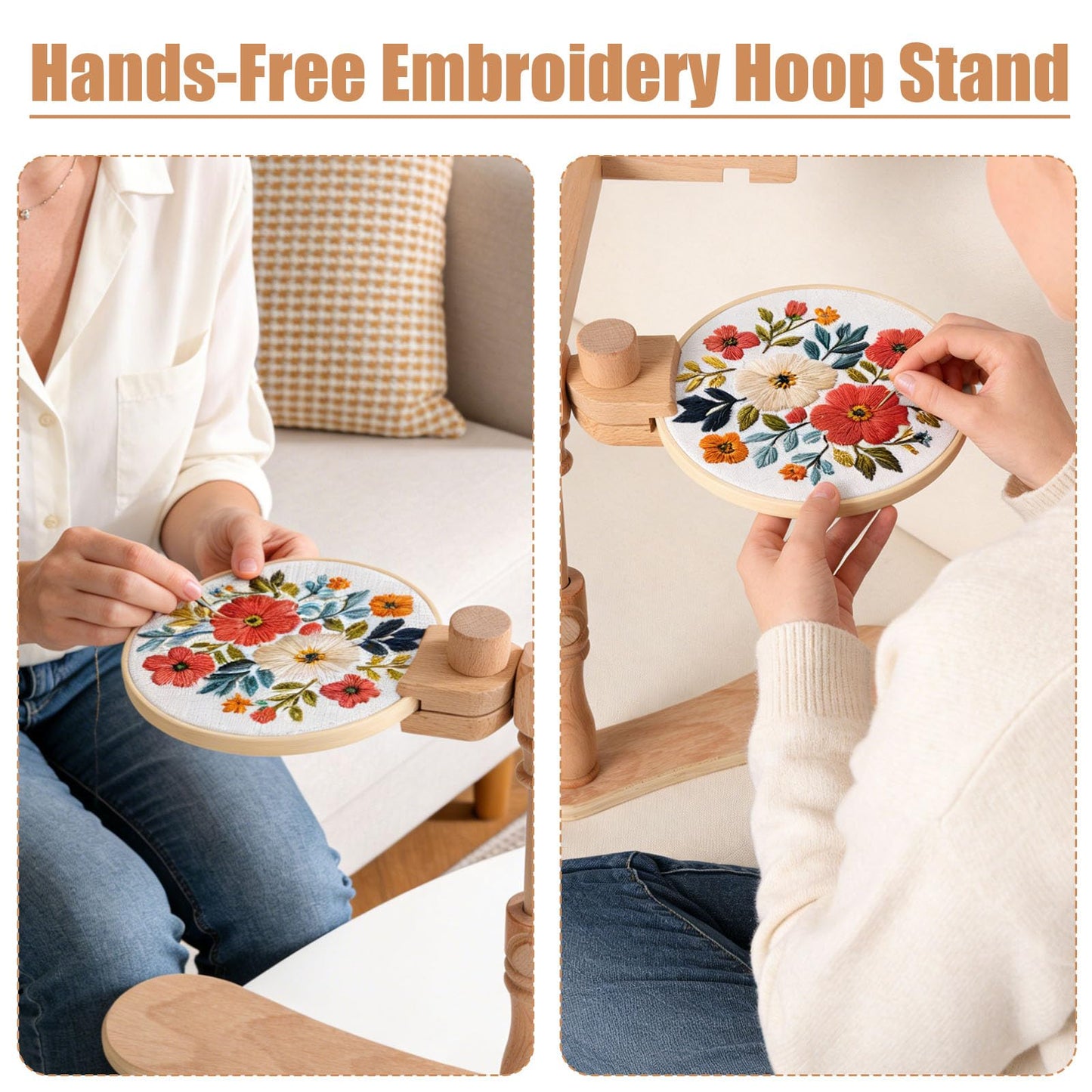 Wood Stitching Embroidery Hoop Stand, Adjustable 360° Rotatable Wooden Embroidery Holder Hands-Free Needlework Holder for Sitting/Lap Frame Cross Stitch Needlepoint Projects