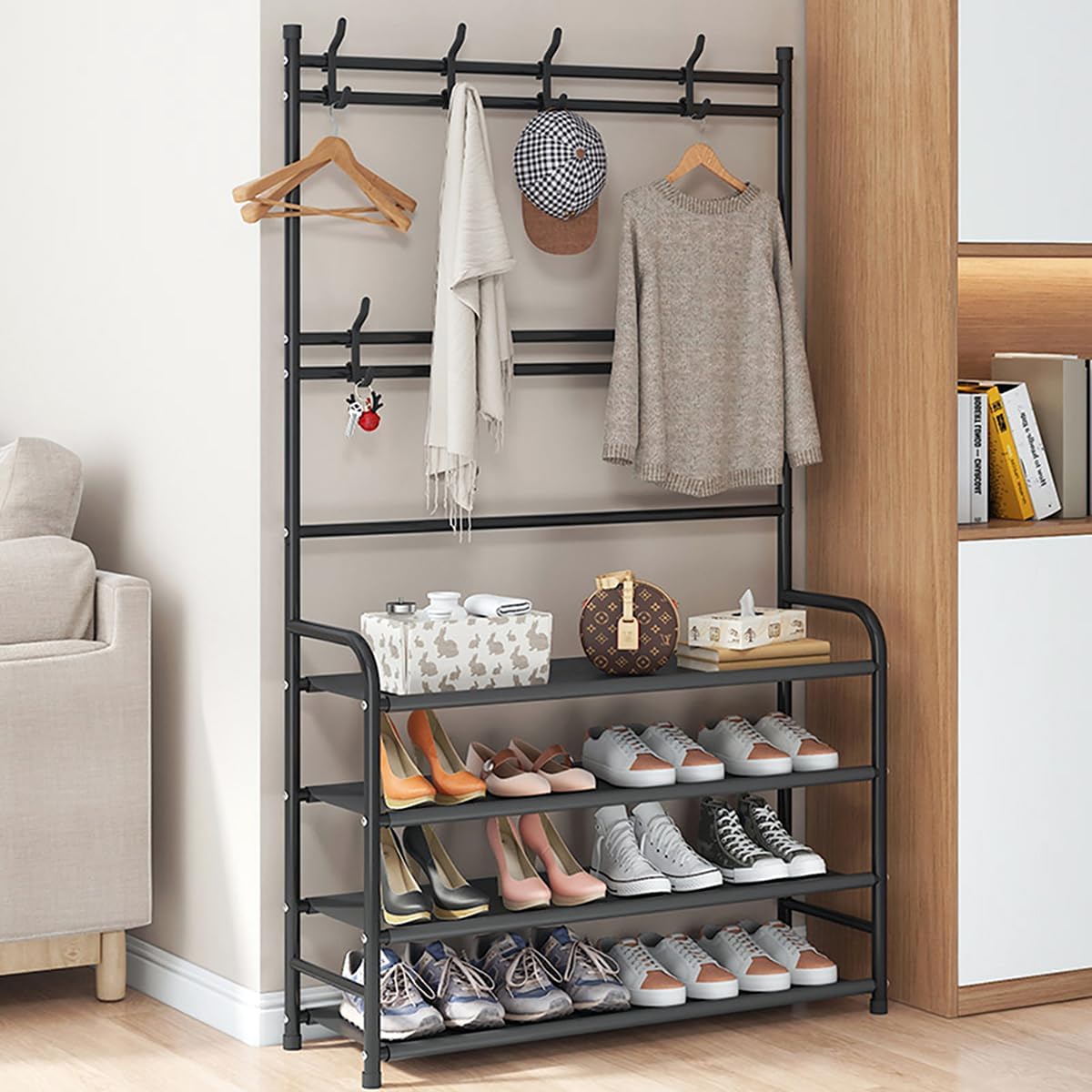 8 Closet 4 Shoe Rack Shoe Storage Shelf Freestanding with Hooks for Entryway Bedroom Tier, Black