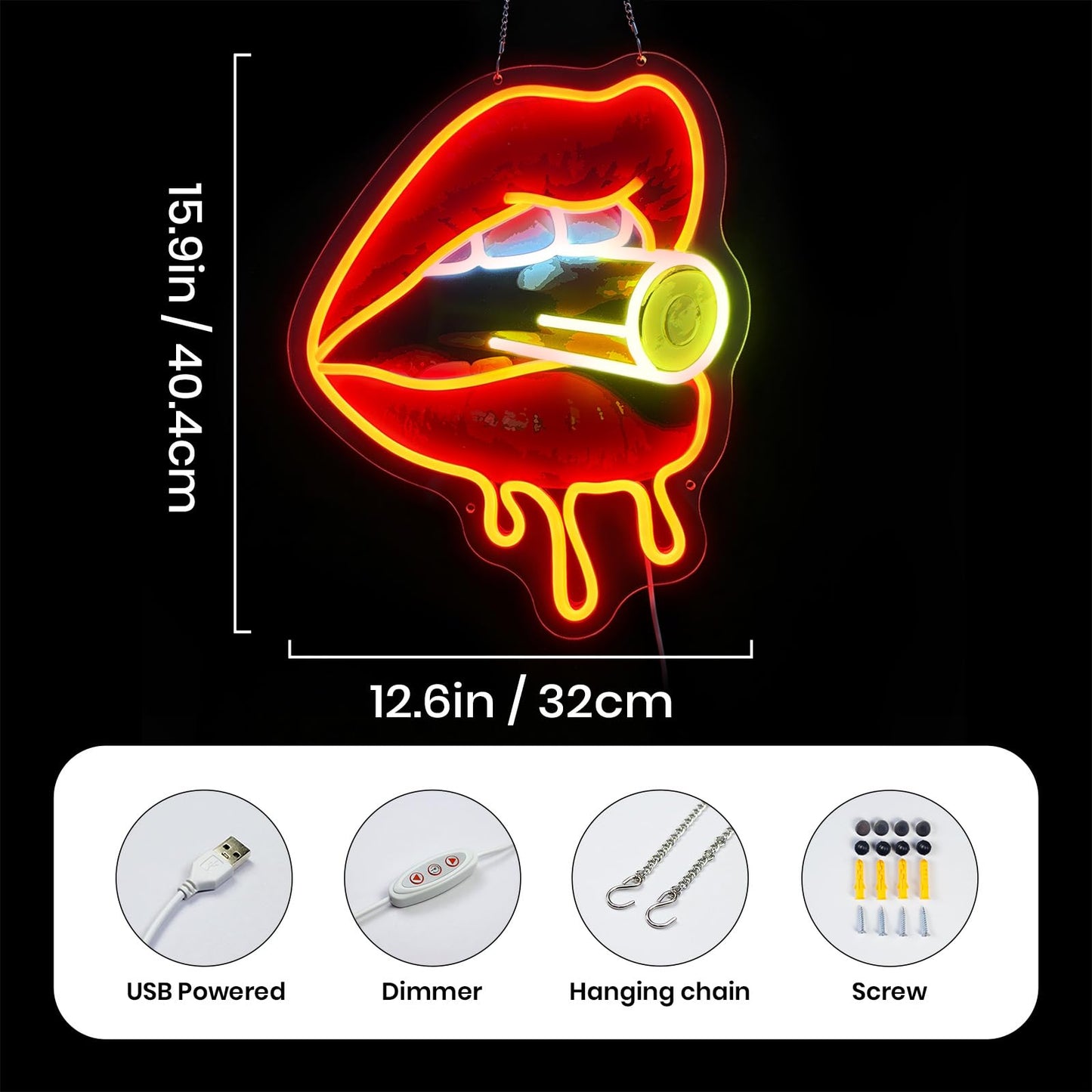 Red Lips Neon Sign, Dimmable LED Sign for Wall Decor, Sexy Lips Light Up Sign for Bedroom Makeup Room Bar Club Party, 15.9 x 12.6" Vibrant UV Print Acrylic Art Neon Lights for Wall, USB Powered