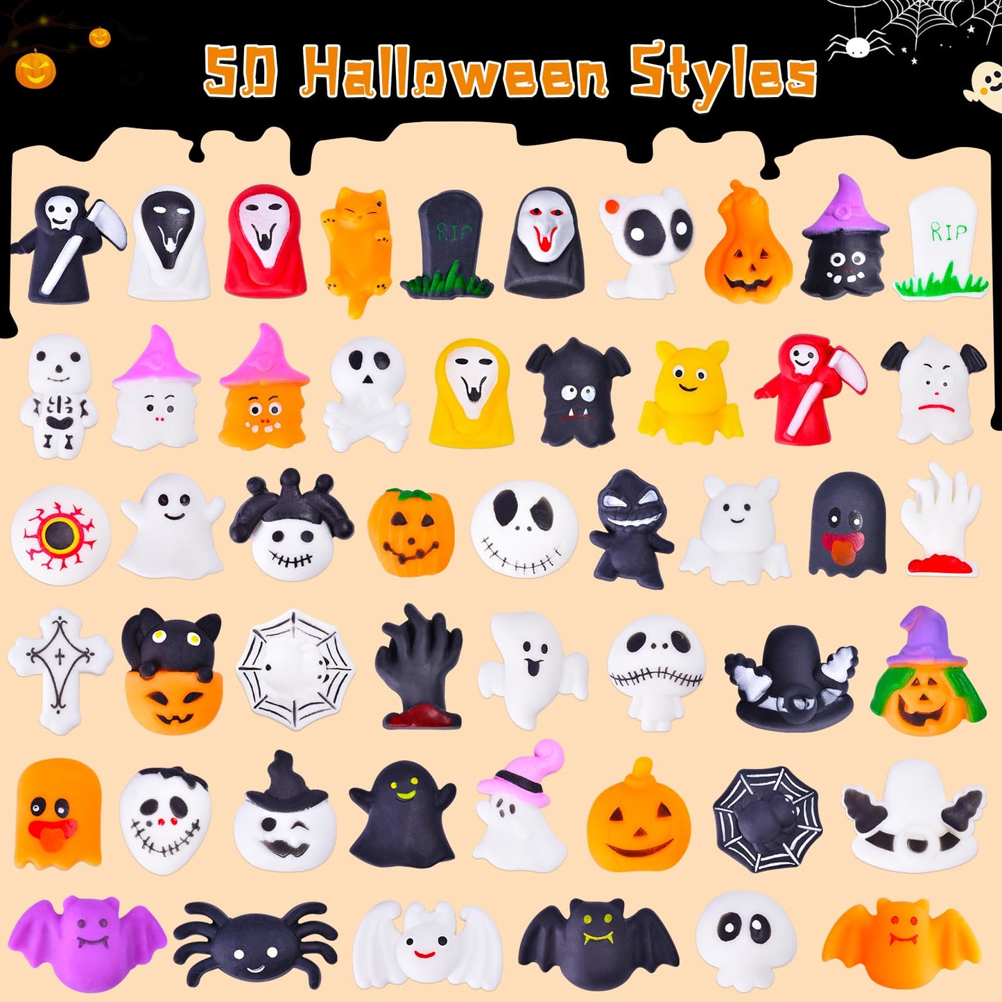 Halloween Mochi Squishy Toys for Kids Halloween Party Favors Goodie Bags Fillers Stuffers Squishies Halloween Treats Bags Gifts Squishy Fidget Toys Stress Relief Squeeze Toys Prizes for Kids