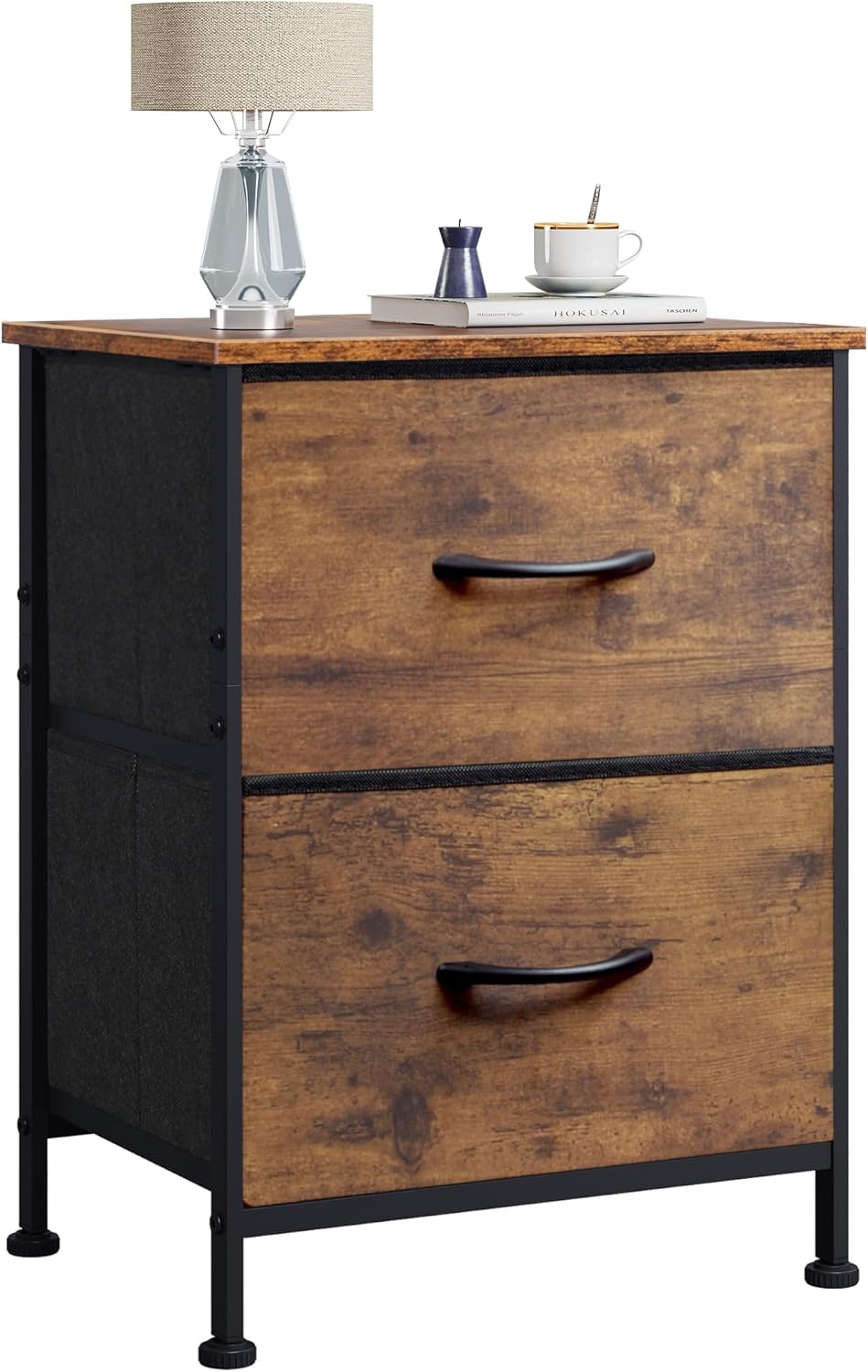 2 Closet, WLIVE Night Stand, Small Dresser with Drawers & Wooden Top, Nightstand with Fabric Bins, Bedside Table End