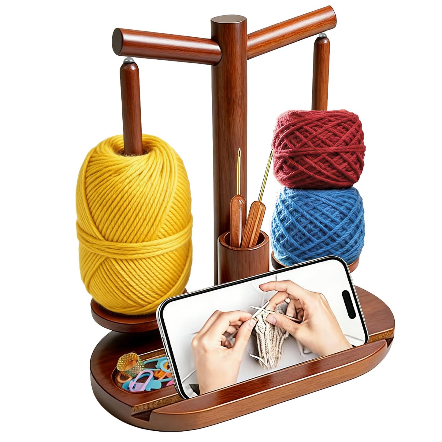 Lemosyu Wooden Yarn Holder for Crocheting and Knitting, Magnetic Rotating Yarn Spinner with 2 Spindles, Crochet Accessories Storage & Phone Stand, Perfect Gift for Knitters, Women, Mom, Grandma