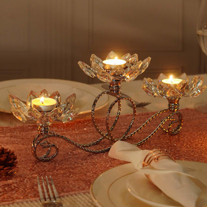 2Pcs Siver Kehail Crystal Metal Tea Light Candle Holder Set, 3-Arm Flower Shaped Crystal Votive Candlestick Holders for Table Centerpiece, Wedding Shower, Party and Home Decor
