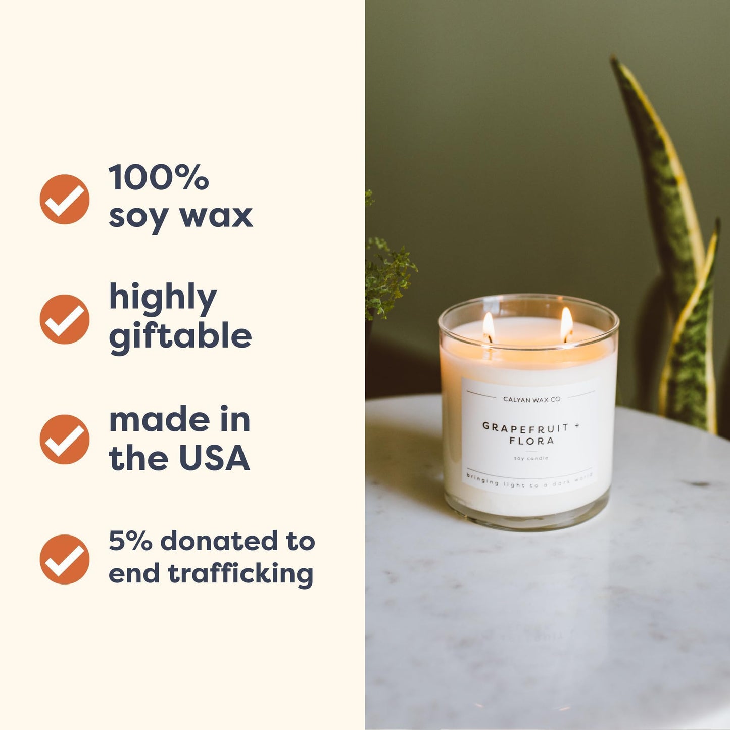Calyan Wax Co. Grapefruit & Flora 2 Wick Scented Candle - 37 Hour Burn - Luxury Clean Soy Wax Candles - Long Lasting Large Glass Jar Candle for Home - 8.8oz
