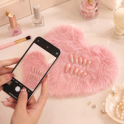 LOGOFUN Nail Background Mat for Pictures Faux Fur Nail Mat for Pictures Heart Shaped Fluffy Nail Cushion for Nail Display Photography - Pink (19.65X17.29X0.39in)