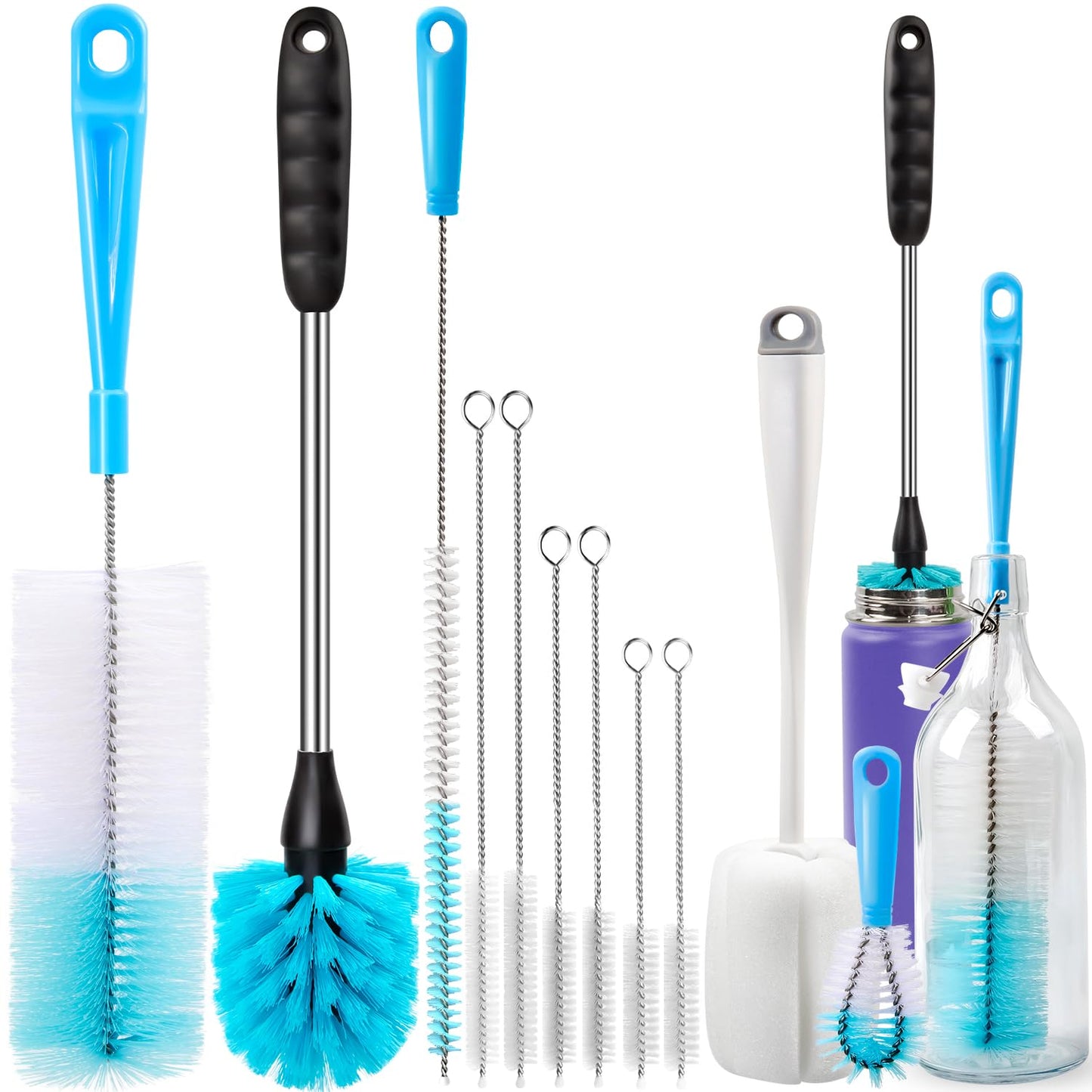 Holikme Bottle Brush Tube Cleaning Lab Set with Long Handle, Cup Cleaner for Washing Narrow Neck Beer Wine Decanter Pipes Lids Sinks Cap Covers, White