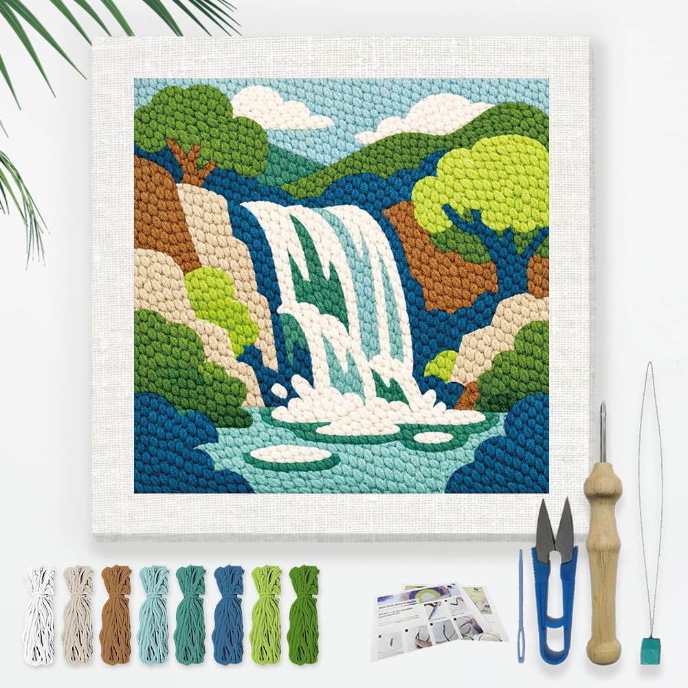 Doodlream Mountain Waterfall Landscape Needle Kit for Beginner, 9.4"x 9.4" Nature Punch Stitching Craft Set, Color DIY Embroidery Starter with Printed Frame, Instruction, Threader, Yarn, Pinch Needle
