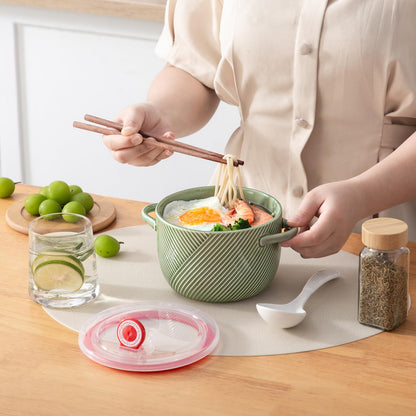 Adewnest Ramen Bowl with Lid: 32oz Ceramic Soup Bowl Set with Spoon & Chopsticks for Instant Food Noodle Office Lunch Dorm Living - Microwave Safe Portable Storage - Green