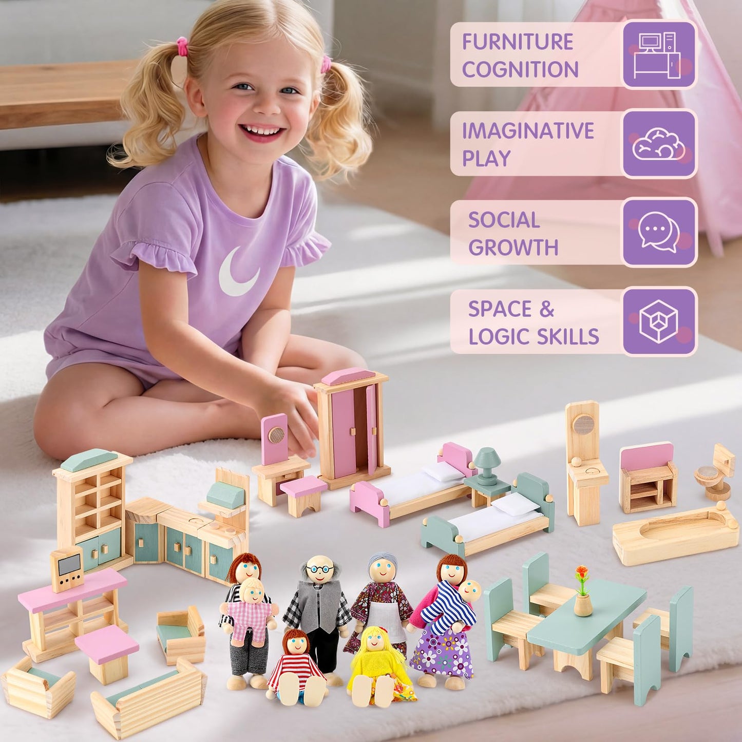 Sumind 35 Pcs Wooden Dollhouse Furniture Set with 8 Family Figures, 1:12 Scale Miniature Dolls House Accessories for Kitchen, Bedroom & Bathroom, Montessori Educational Toy Gift for Girls and Boys