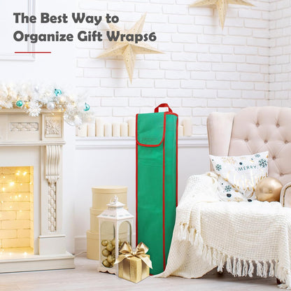 bruwaa 2 Pcs Gift Wrapping Paper Organizer Storage Bag with Pocket and Handles, 29" x 5.5" x 5.5" (Green)