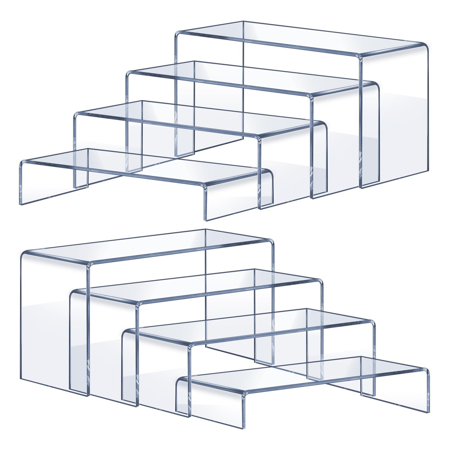 OVNTHYK Acrylic Risers 8 Pcs – Clear Rectangular Display for Perfume Organizer, Figures, Jewelry, Dessert Table & Cupcake, 4 Sizes (7", 8", 9")