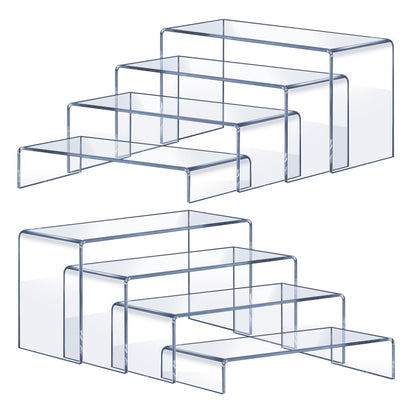 OVNTHYK Acrylic Risers 8 Pcs – Clear Rectangular Display for Perfume Organizer, Figures, Jewelry, Dessert Table & Cupcake, 4 Sizes (7", 8", 9")