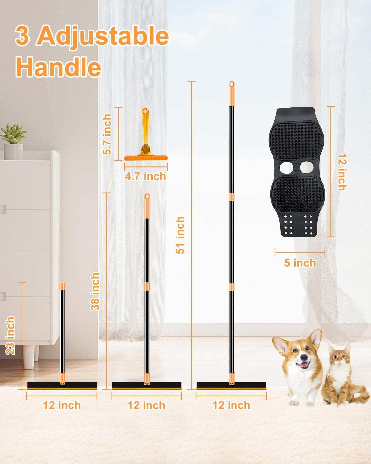 COVITKAN 3 in 1 Carpet Rake for Pet Hair Removal Tool, 51” Adjustable Long Handle Pet Hair Removal Broom, Pet Grooming Brush, Cat Dog Hair Remover Carpet Scraper for Rugs, Mats