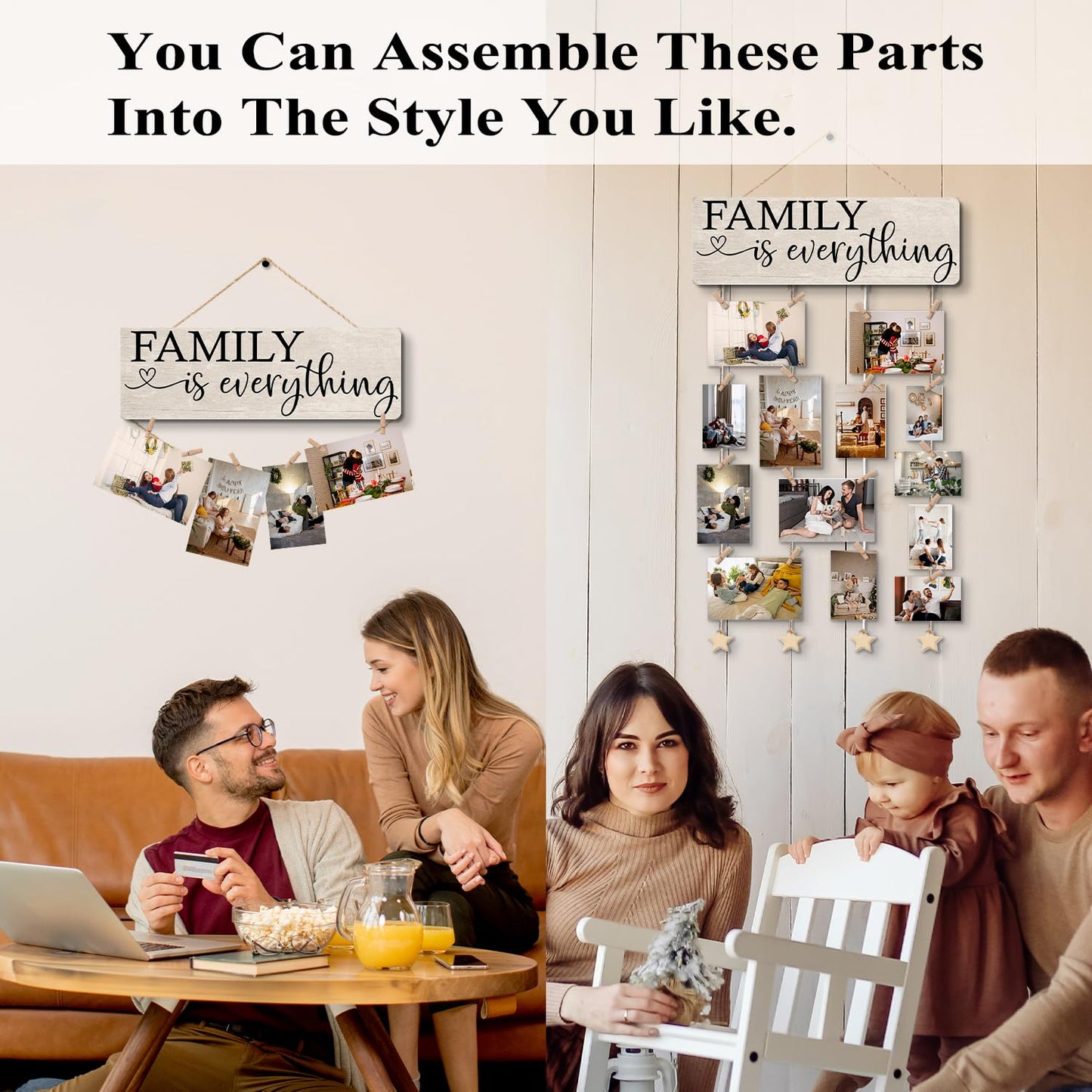 NaZaUK Family Picture Frames Collage Wall Decor Hanging Display, Family is Everything, Hanging Photo Display with Clips, Picture Board Wood Rustic Frames, Bedroom Decor for Teen Girls