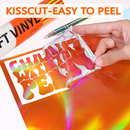 WRAPXPERT Holographic Vinyl Roll Orange, Holographic Permanent Vinyl Orange Glossy Craft 12" x 5ft, Chrome No Bubble Iridescent for DIY Craft Decal