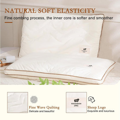 YOUR MOON Soft Natural Wool Pillow Queen, Flat & Thin Wool Pillow for Sleeping, Low-Loft Bed Pillows for Back and Stomach Sleepers, Breathable Soft Cotton Cover(Off White)