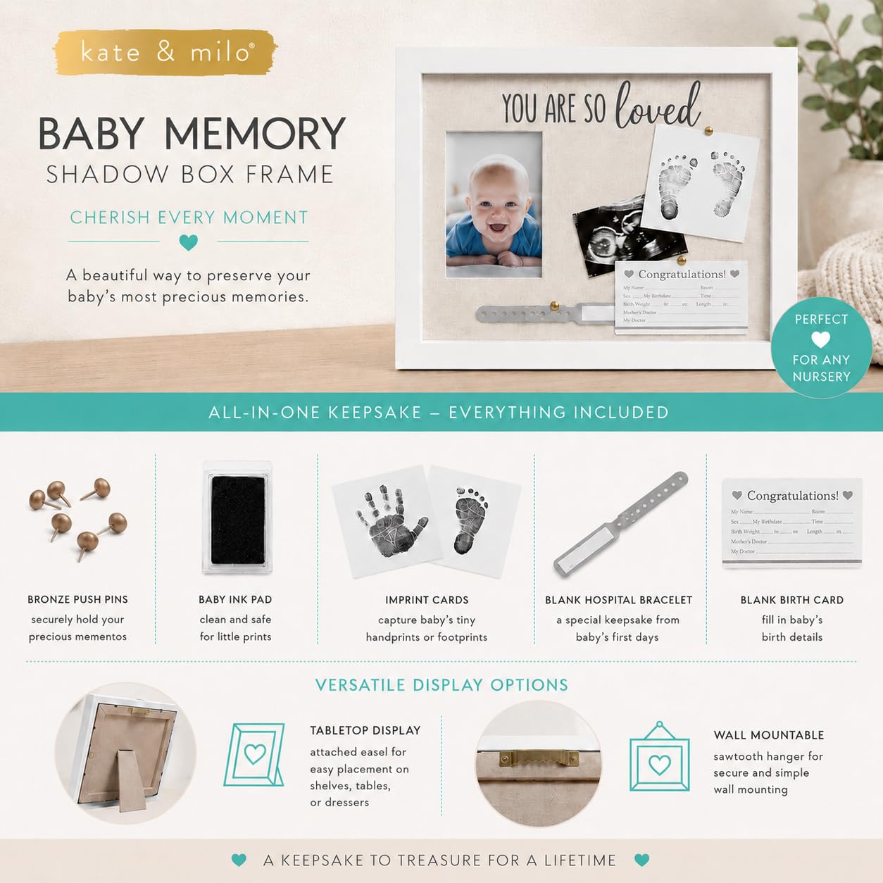 Kate & Milo You Are So Loved Collage Frame, Newborn Keepsake Box, Baby Memento, Nursery Decor, Handprint and Footprint Ink Pad Included, Linen Mat, White
