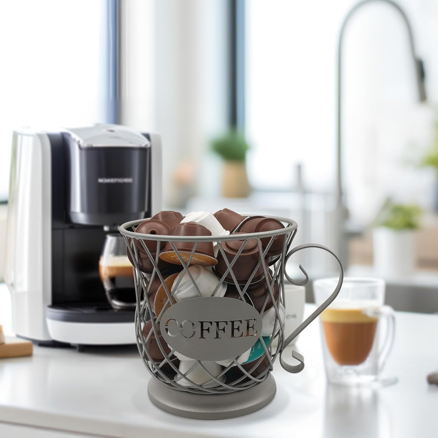 Coffee Pods Storage Basket - Silver Holder for 35 K Cup Organizer, Coffee Basket Decor for Coffee Bar Countertop