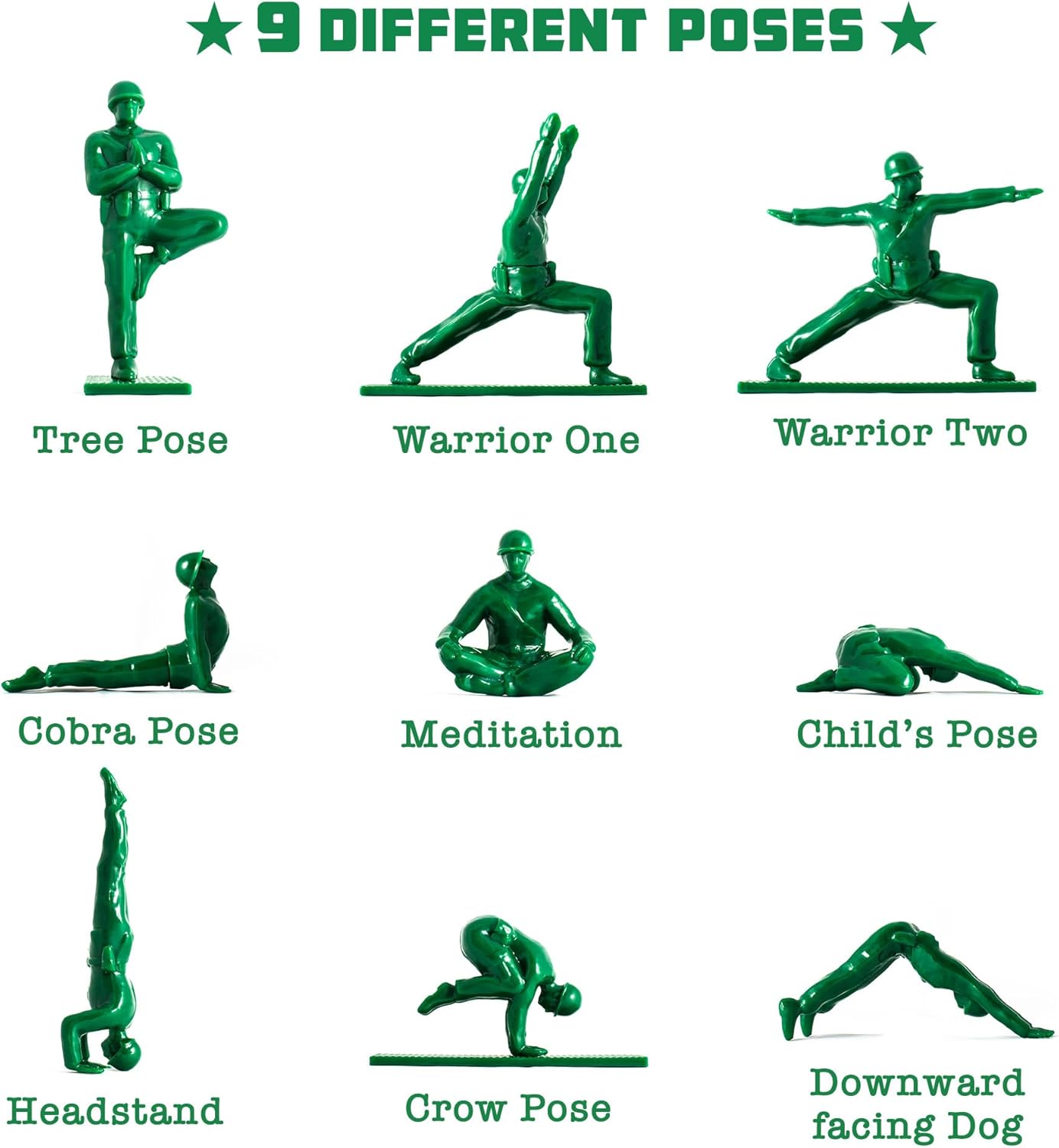Yoga Joes Series 1 Green Toy Soldiers, Set of 9 Army Men Yoga Pose Figurines for Home or Office Decor