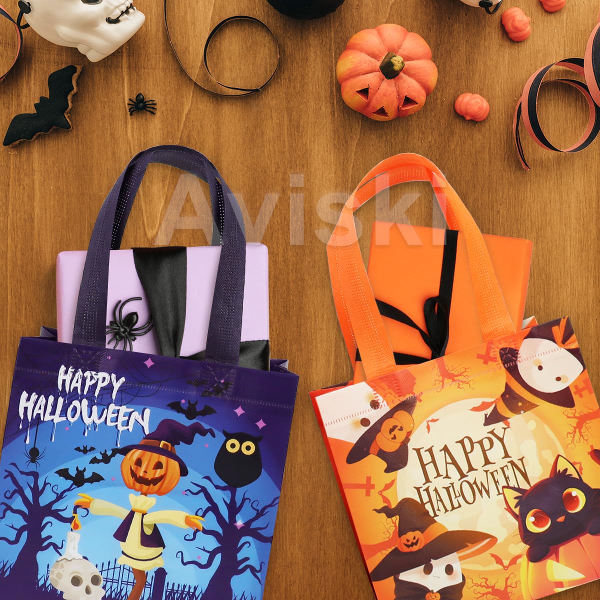 Aviski 24PCS Halloween Small Trick or Treat Bags, 7.9"×7.9"×3.15", Non-Woven Gift Tote Bags with Handles for Gifts Wrapping, Party Supplies
