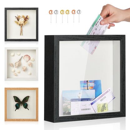 MUXIUNT Travel Adventure Challenge Archive Shadow Box Picture Frame with Slot,12x12 Travel Ticket Card Memory Box for Keepsake Box, Top Loading Shadow Box Display Case Travel Decor Gift (Black,12x12)