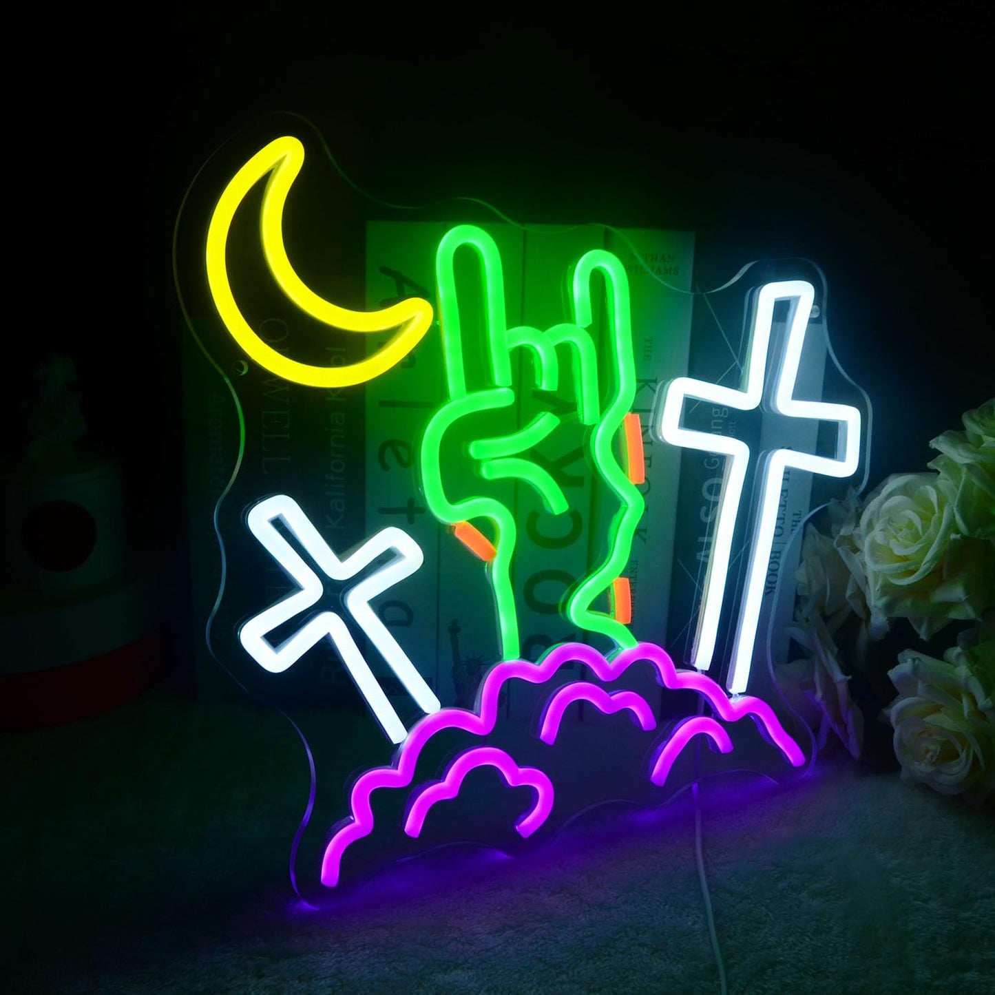 Halloween Devil Neon Sign Rock Gesture Cross With Moon and Cloud Neon LED Lights Zombie Spooky All Saints' Day Wall Neon Lamp for Halloween Party Bedroom Home Bar Pub Amusement Park Decor