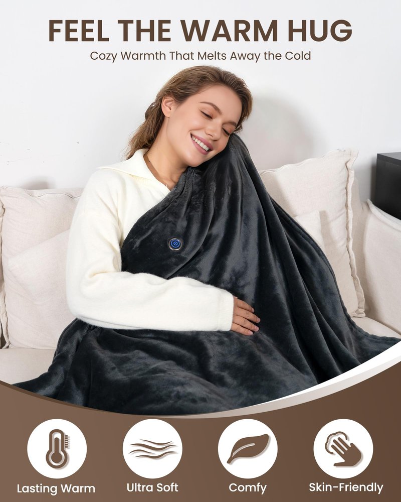 Cordless Heated Blanket with Hood, USB Battery Powered Heated Wearable Blanket with 9 Heating Zones, 20000 mAh Power Bank, 3 Levels, Portable Heated Throw Blanket, Heated Shawl (Warm Comfort Gray)