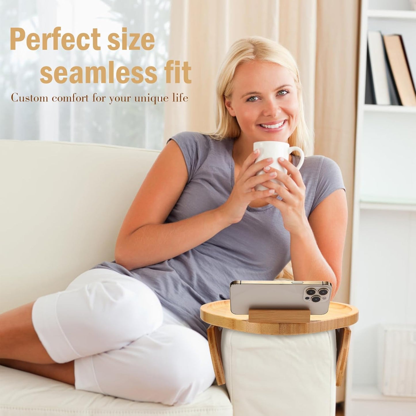 360 Couch Arm Tray Table, Bamboo Clip-on Couch Arm Tray with Phone Holder, Foldable Sofa Armrest Table for Eating