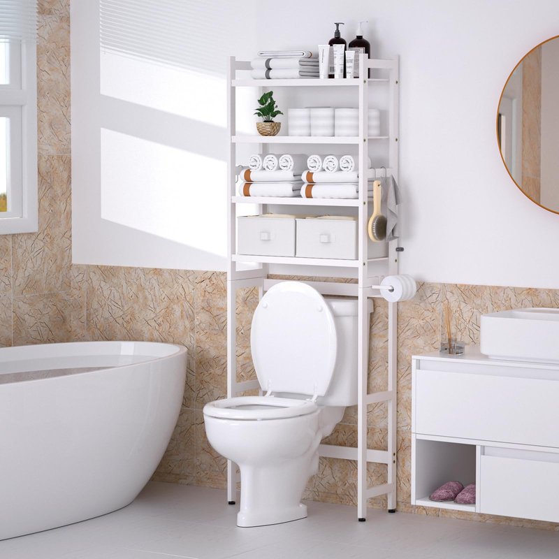 Cozivolife Over The Toilet Storage: 4-Tier Bamboo Organizer Rack with 2 Baskets & Paper Holder & 4 Hooks & Waterproof Feet Pad, Adjustable Freestanding Shelf for Bathroom (White)