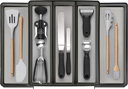 ELTOW Expandable Utensil Drawer Organizer, 5 Compartment Non-Slip & Adjustable Large Tray for Kitchen Drawers, Black