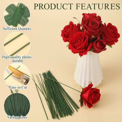 Suncalla 300pcs Artificial Flower Stems, 6.7in、8in、10in Plastic Green Floral Wire Stems for Artificial Flower Making, DIY Crafts Bouquet Stem Arrangements Decor Supplies