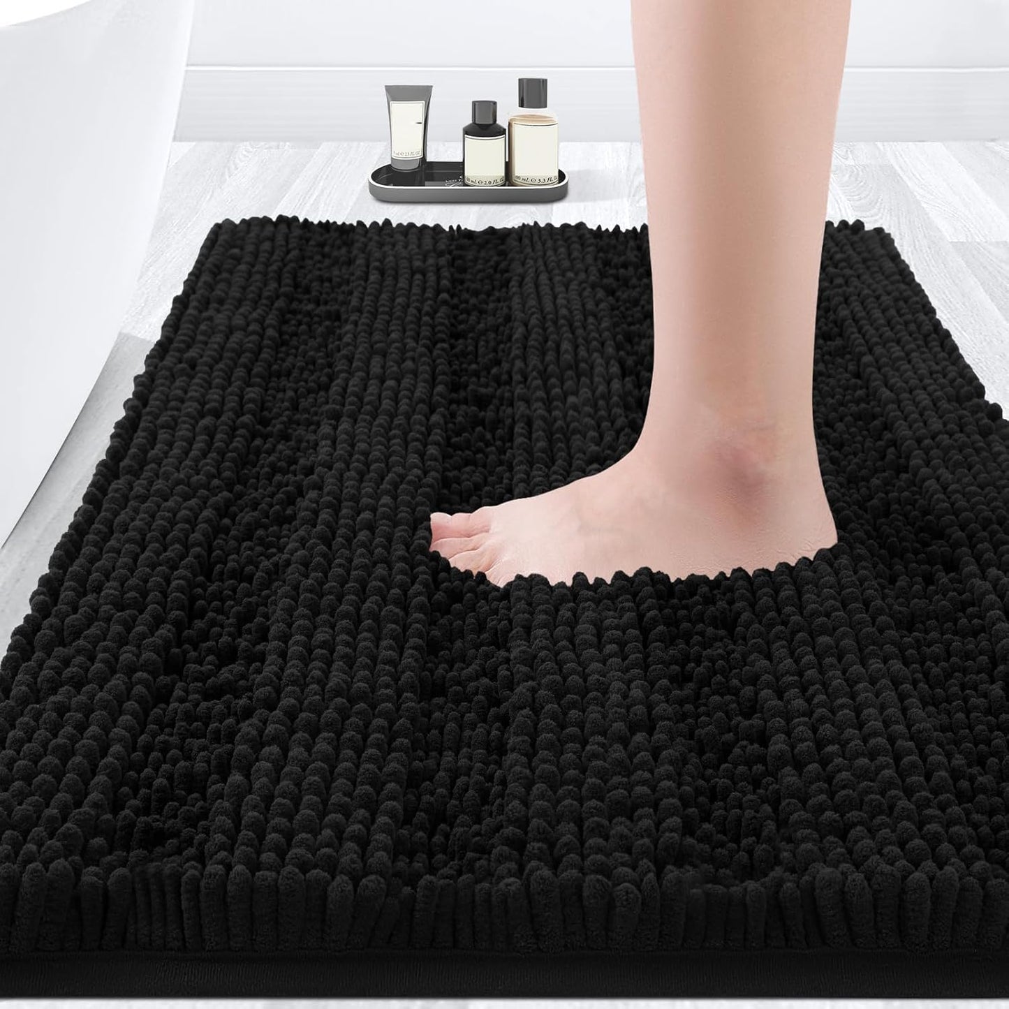 Striped Black Bathroom Rug Mat 17"x24", Ultra Soft Non Slip Chenille Bath Rugs for Bathroom Bedroom Kitchen Shower