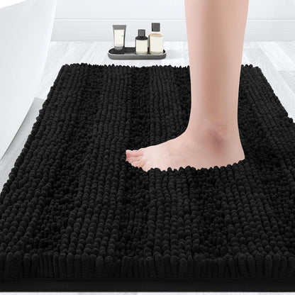 ACCUMTEK Striped Black Bathroom Rug Mat, 32"x20" Ultra Soft Non Slip Chenille Bath Rug for Bathroom, Bedroom, and