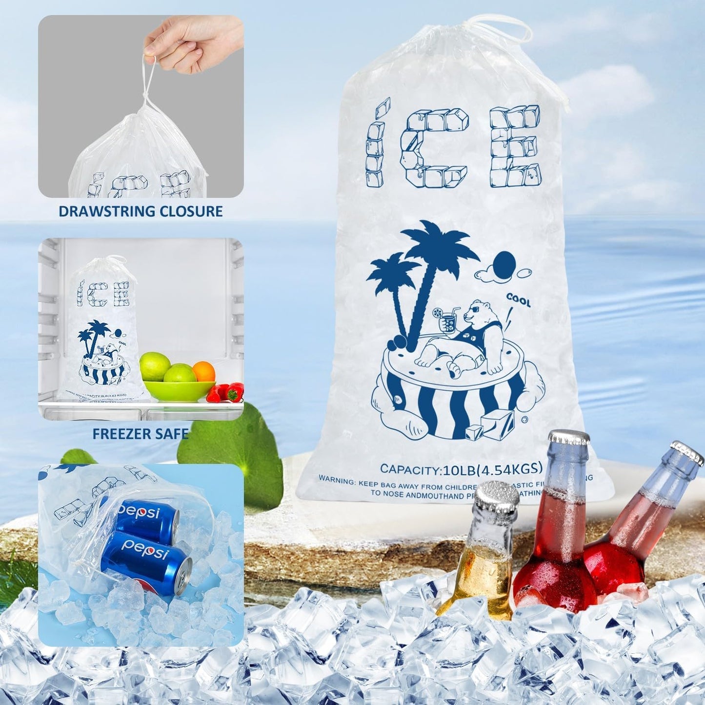 Ice Bags 10 Lb. with Drawstring, 50 Pack Heavy-Duty Reusable Ice Cube Bags, 21 x 12 inch Portable Storage